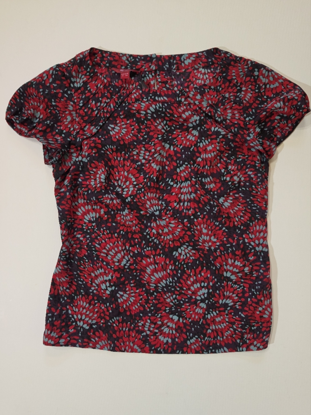 Monsoon Blouse Womens Size 12 Black Teal Red Floral Pleated Neck Y2K Boho Chic